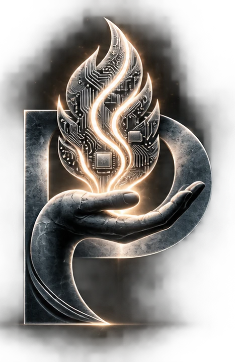 The Prometheus Rising mark: a flame drawn as circuitry, held in an open hand inside the letter P