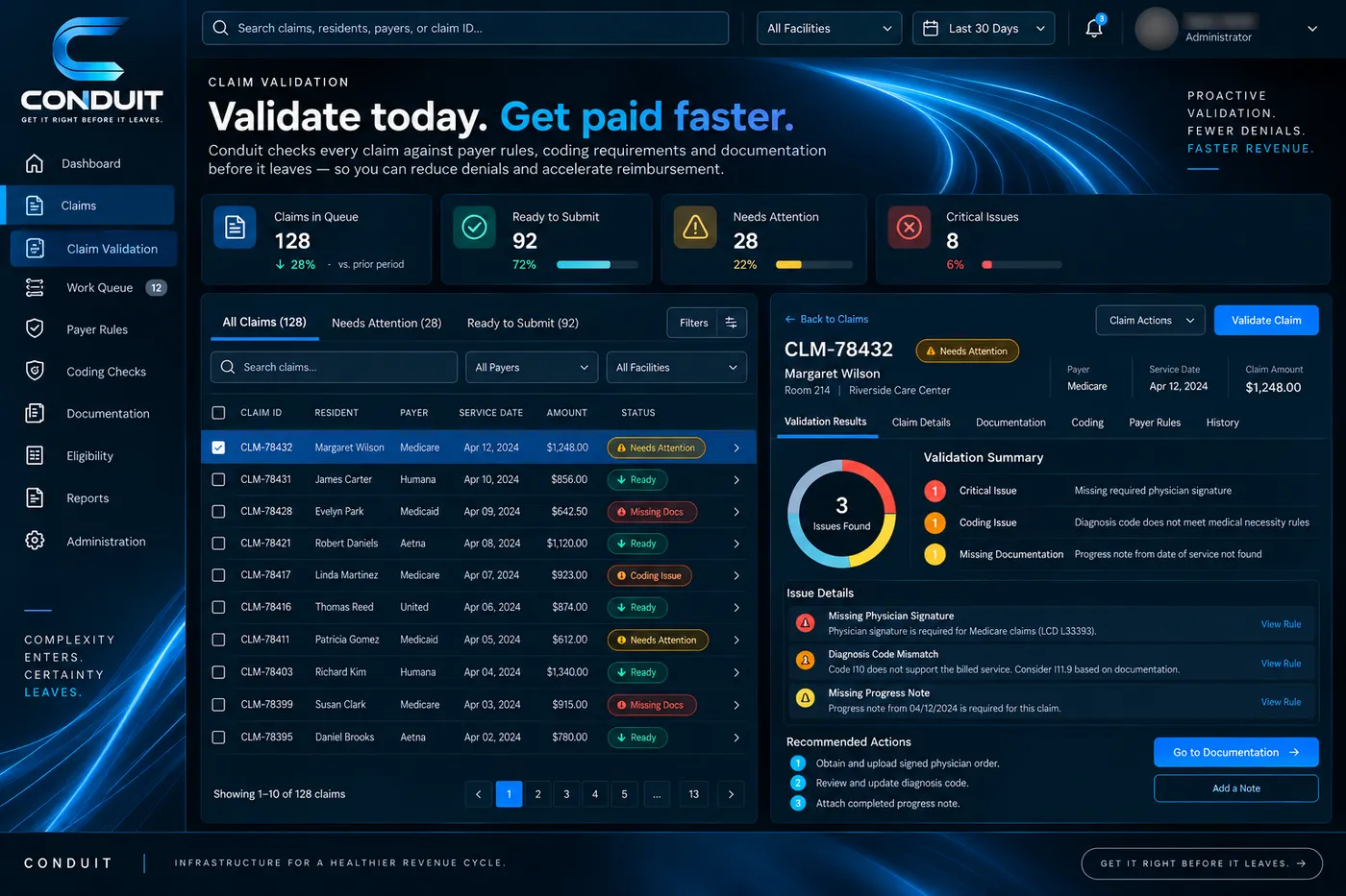 Conduit claim validation table sorting claims into ready, needs attention, missing docs and coding issue, with issue details and recommended fixes.