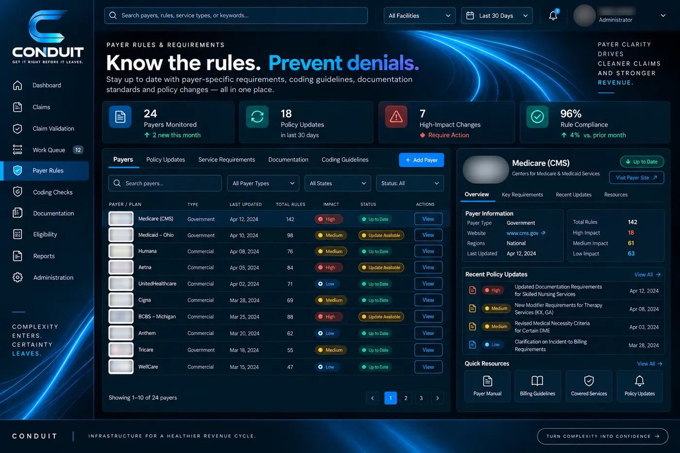 Example Conduit screen: payer rules and requirements table