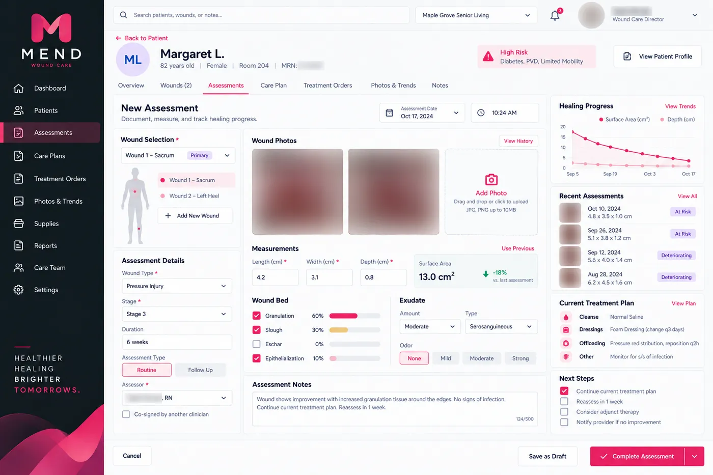 Example Mend screen: new wound assessment