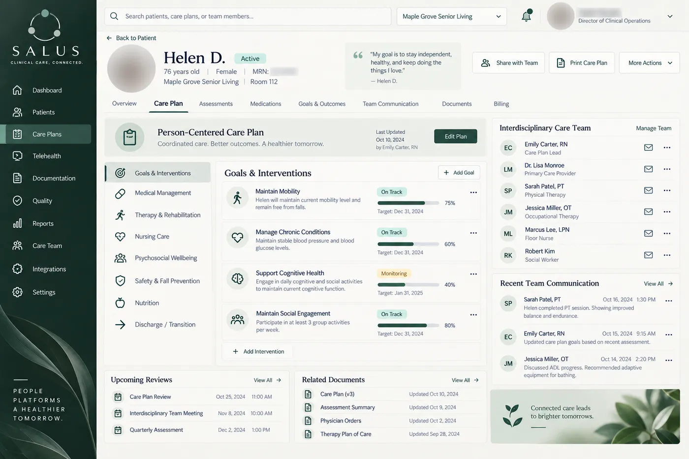 Example Salus screen: person-centered care plan