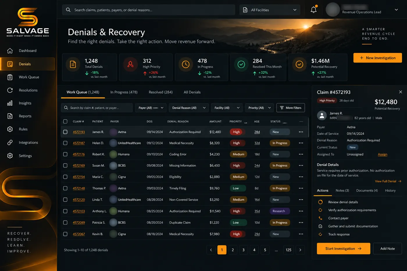 Example Salvage screen: denials and recovery work queue
