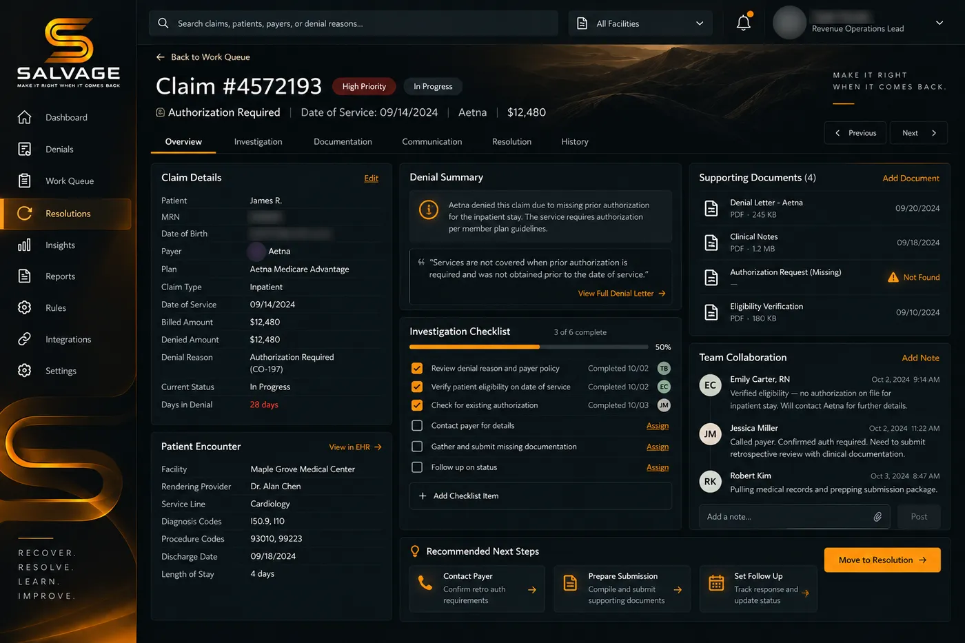 Example Salvage screen: claim investigation view