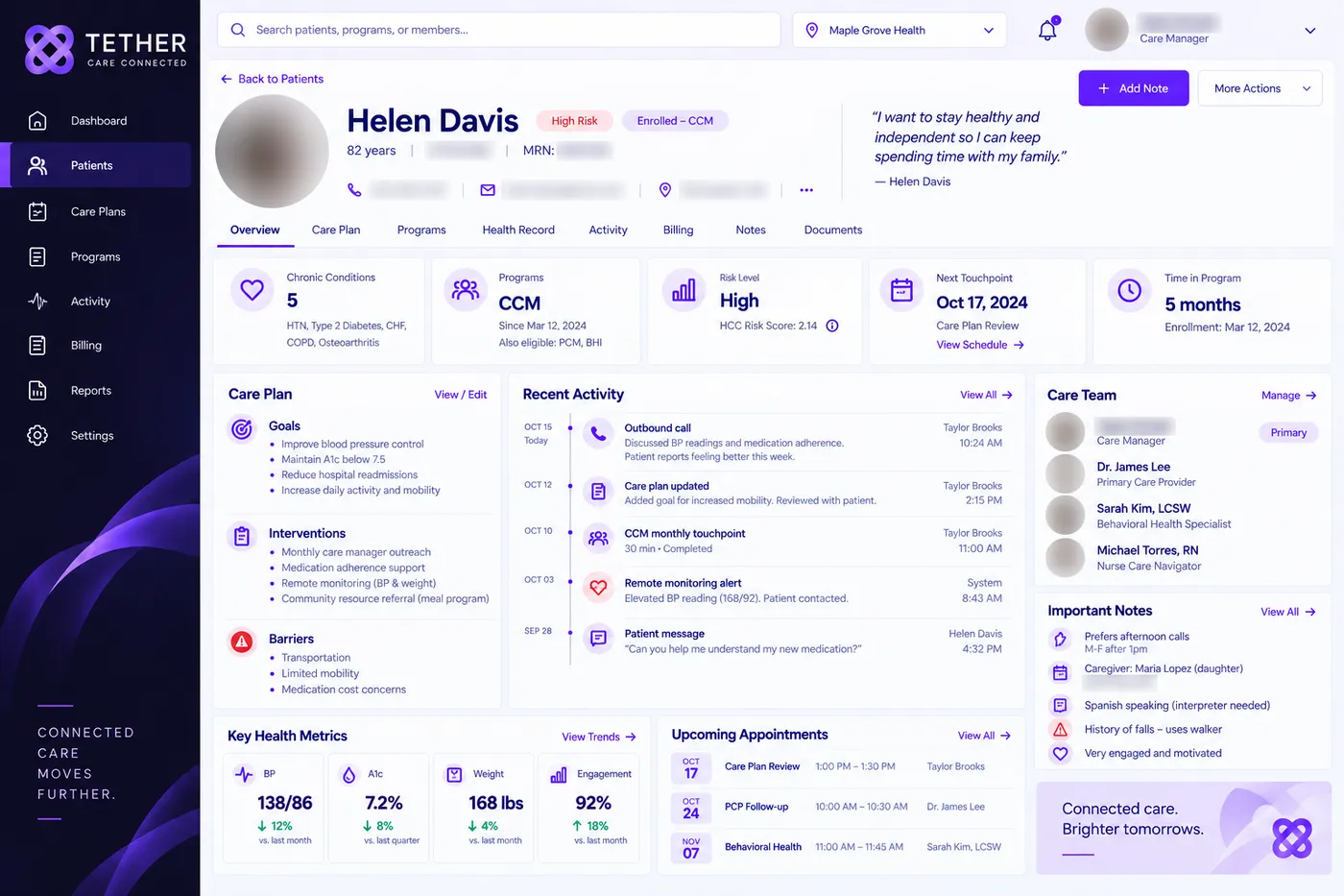 Example Tether screen: patient profile