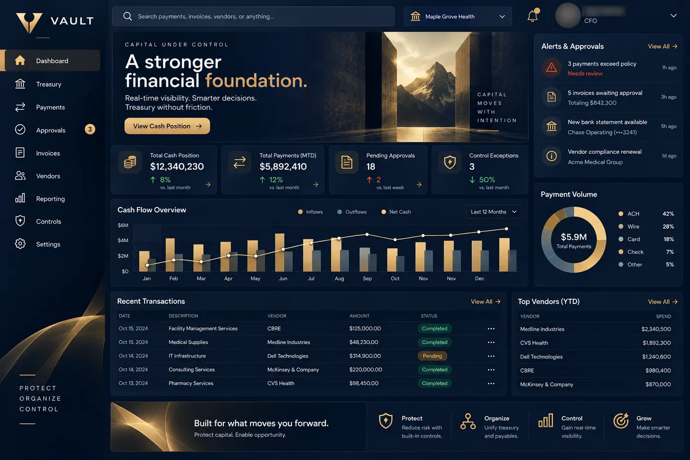 Vault dashboard with cash position, payments, pending approvals, control exceptions, cash flow, alerts and recent transactions.